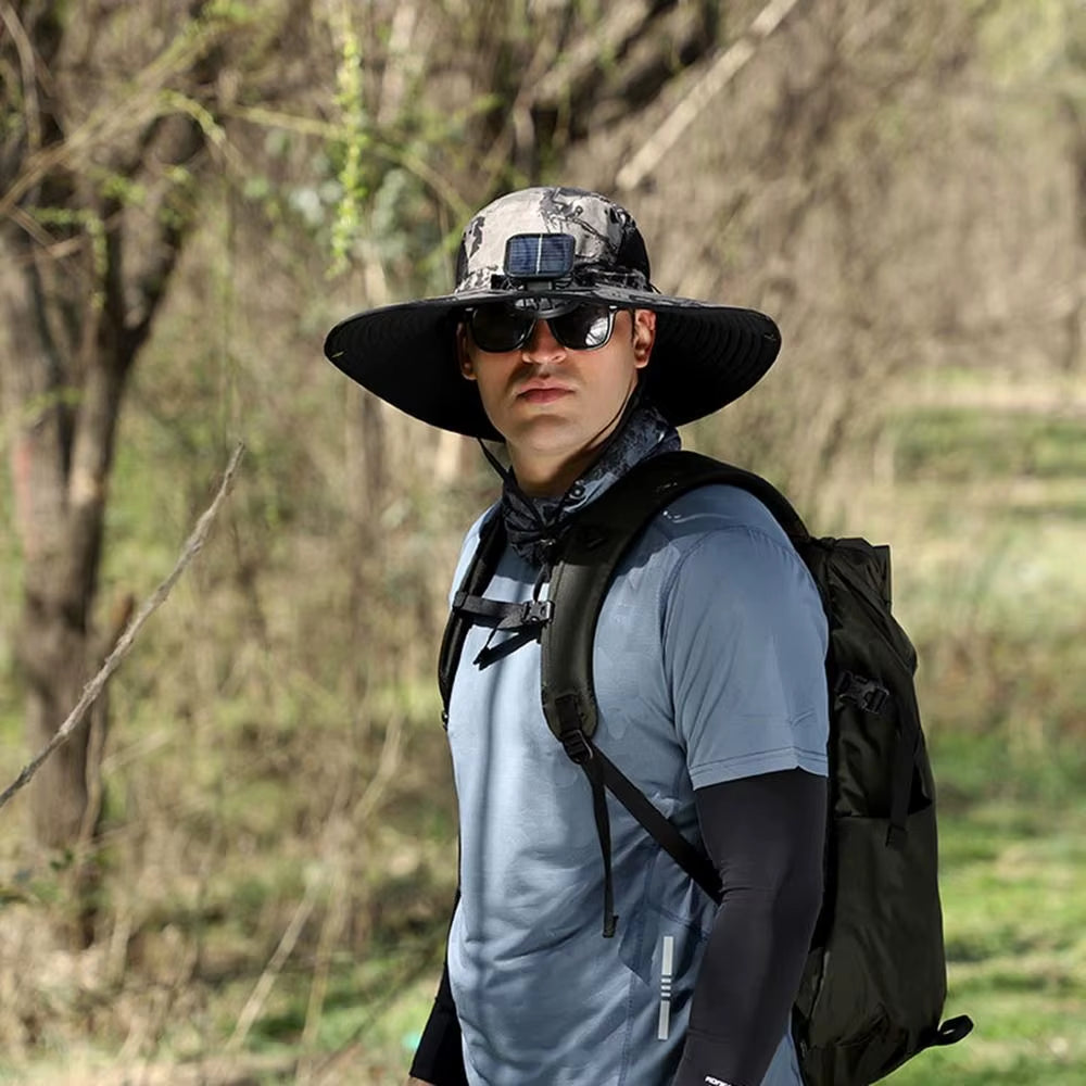 Ultimate Sun Protection: 2-in-1 Solar Fan Sun Hat with USB Rechargeable Breathable Waterproof Wide Brim for Men